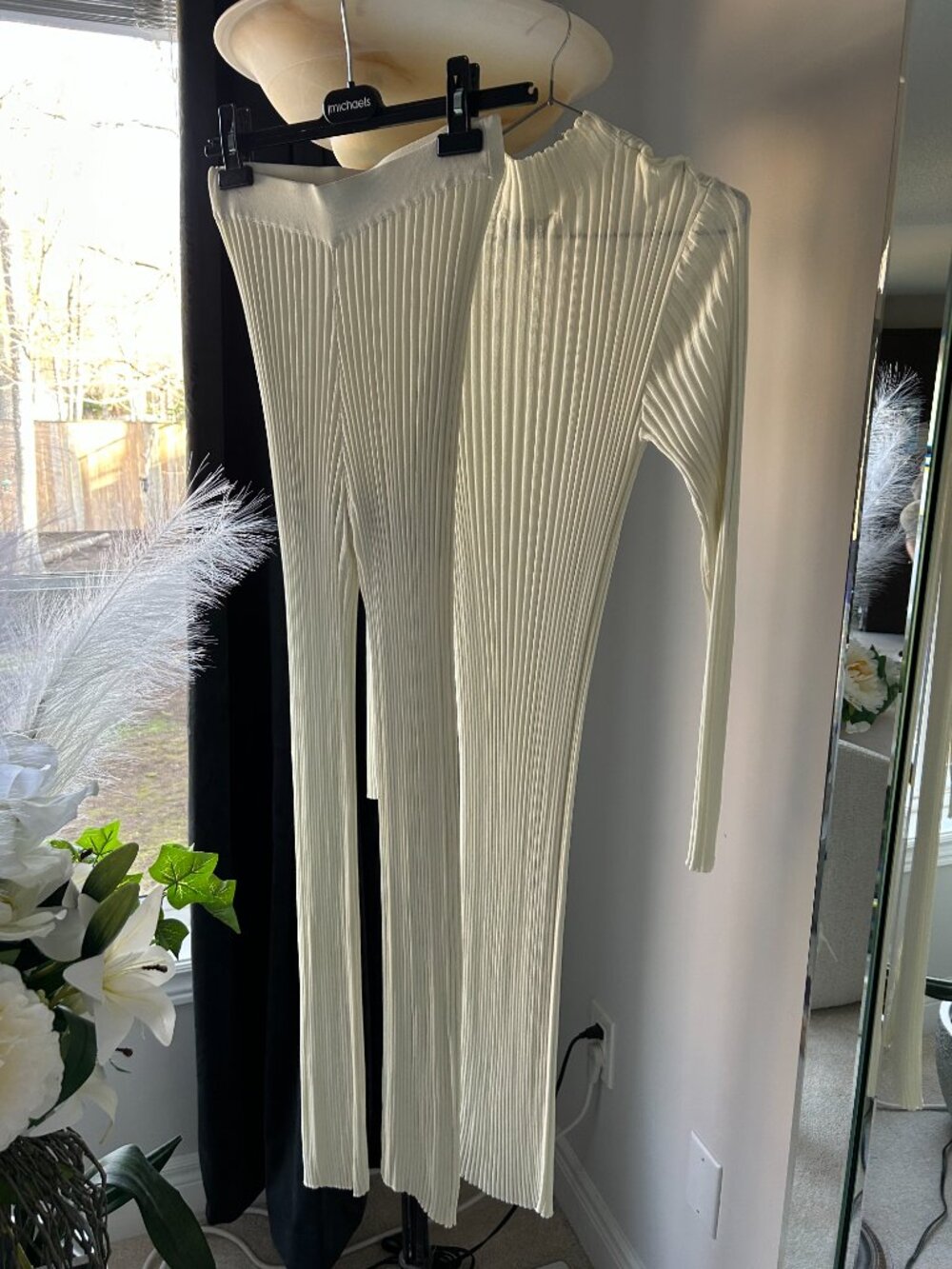 Zara Ivory Ribbed Knit Matching Set Tunic Top & Flare Pants